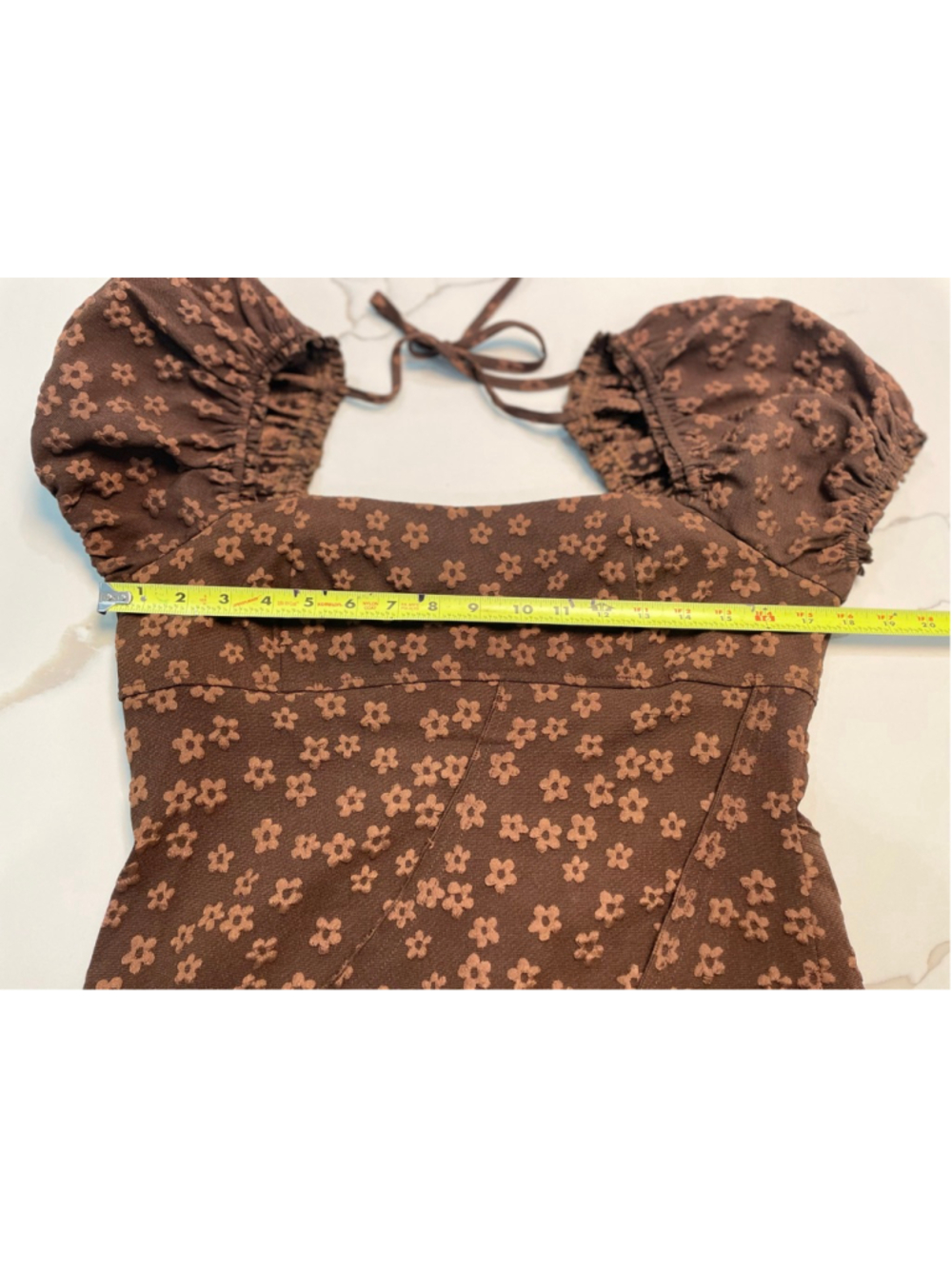 STORIA Brown Floral Babydoll Mini Dress L Puff Sleeves Fairy Grunge Asymmetric - Picture 8 of 9